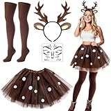 iZoeL Karneval Reh Kostüm Damen Mädchen, Reh Geweih Haarreifen mit Rentier Ohren Tutu Rock Socken Reh Face Tattoo Reh Kostüm Accessorie, Damen Mädchen Reh kostüm Karneval Fasching Mottoparty Kostüm