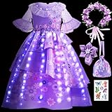 G.C LED Leuchtend Isabella Kostüm Mädchen Prinzessin Kleid mit Blumenkranz Haarreif Tasche Tattoo Prinzessin Verkleidung Encanto Kostüm für Karneval Fasching Geburtstag Weihnachten (130, 6-7 Jahre)