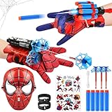 JIASHA 2 Set Launcher Handschuh, Spiderm Launcher Handschuh Super Spiderm Launcher Spiderm Hero Handschuhe mit Maske und Tattoo Cosplay Spiderm Handschuhe Requisiten Geschenk für Kinder Fans (D)