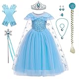 Mädchen Elsa Kostüm Eiskönigin Maxikleid mit Schneeflocke Umhang Zubehör Kinder Schneekönigin Prinzessin Cosplay Karneval Fasching Verkleidung Eisprinzessin Halloween Partykleid Eisblau 4-5 Jahre