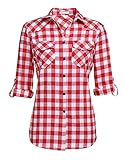 UNibelle Damen Karierte Bluse 3/4 arm Baumwolle Hemden Oktoberfest Hemd Knopfleiste Trachtenbluse V-Ausschnitt Karohemd HolzfäLlerhemd Oberteile Casual Tunika Top B-Wassermelonenrot L