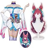 Wig for Game Ahri Cosplay Costume Lol Ahri Spirit Blossom Wigs The Nine-Tailed Fox Costume Halloween Woman Dress Game Uniform Set L Full Set