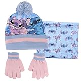 Disney Stitch & Angel Bommelmütze + Schlauchschal + Handschuhe Set Mädchen 3-teilig Winterset Geschenk, blau, 3-10 Jahre