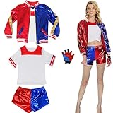 Quinn Cosplay Kostüm für Erwachsene-8Stück, Damen Bösewicht Kostüm Set mit Jacke T-shirt Shorts Handschuhe Socken Kragen Dekorierte Perücke, für Halloween Karneval Cosplay Erwachsene Kostüm (M)