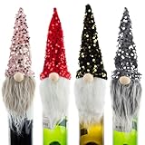 WowWoke 4 Stück weihnachtswichtel Flaschen Beutel,Weihnachtliche Flaschenhüllen aus Stoff,Glitzerndes Wichtel-Flaschenkostüm,Weihnachtliche Partydeko für Weinflaschen, Dosen und Weihnachtsdeko