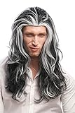 WIG ME UP - 29938B-ZA103-ZA60 Perücke Herren Damen Karneval Halloween Lange Mähne Schwarz-Weiß-Mix Grau Gesträhnt Dunkler Vampir Fürst Dracula 55 cm