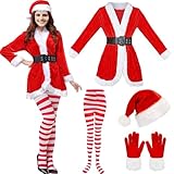 Antsparty Weihnachtsfrau Kostüm Damen, Weihnachtsmann Kostüm Damen, Frauen Nikolaus Kostüm Set mit Hut Handschuhe Gestreifte Hosen, Damen Weihnachts Kostüm für Weihnachtsfeier