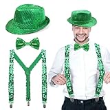 Glitzer Outfit Herren, Glitzer Kostüm, Silvester Herren Outfit, Pailletten Kostüm mit Glitzer Fliege, Glitzer Hut, Glitzer Hosenträger, Glitzer Accessoires Männer für Karneval, Halloween, Mottoparty