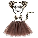 EUPSIIU 5 Stück Leopard Kostüm Set Tierkostüm Kinder inklusive Tutu Rock, Leopard Ohren Stirnband, Schwanz, Fliege Leopard Gesicht Kunst Aufkleber, für Halloween Geburtstag Kostüm Party (Braun)