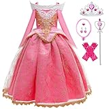 Snyemio Dornröschen Kostüm Kinder Mädchen Prinzessin Aurora Rosa Kleid Karneval Verkleidung Fasching Geburtstag Halloween mit Zubehör, 116-122(Etikett 120)