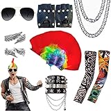 Echehi 80er 90er Jahre Outfit Für Herren 11-Tlg. Punker Kostüm Mit Irokesen Perücke, Rapper Kette, Sonnenbrille, Tattoo Ärmel, Punk-Armbänder, Handschuhe, Ringe Karnevalskostüme Set Für Männer Frauen