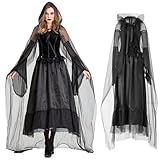 Geisterbraut Königin Kostüm,Böse Königin Umhang Abendkleid,Halloween Kostüm Damen Geist,Hexen Schwarze Robe,Lange Vampir Umhang mit Kapuze,Halloween Kostüm Damen Hexe,für Fasching Halloween Maskerade