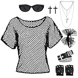 Boyigog 80er Jahre Outfit Accessoires Damen Party Kleidung Set, Schwarze Spitze Headband mit Fliege, Kreuz Kette Schwarze Ohrringe und Silberne Halskette, Nietengürtel und Handschuhe, Sonnenbrille