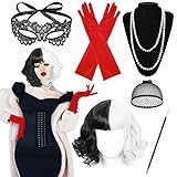 ENCOUN Cruella Kostüm Damen, 70er Jahre Accessoires, Kurze Schwarze und Weiße Perücke mit Halterung, Handschuhe, Halskette, Spitze Maske, Perückenmütze, für Halloween Kostüm Damen, Faschingskostüme