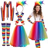Regenbogen Kostüm Damen Karneval Tüllrock Bunt Damen Lang Regenbogen Haarreif Hosenträger Handschuhe Socken Regenbogen Rock Kleid Bunter Tüllrock Damen Rockabilly Kostüm Damen 50er Jahre für Fasching