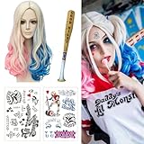 Shinybox Quinn Cosplay Perücke, Kostüm Cosplay Perücke mit Baseballschläger Aufblasbar und Temporäre Tattoos, Suicide Squad Zubehör Perücke für Karneval Halloween Fasching Kostüme Party