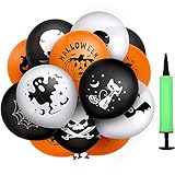 MonQi 100 Stück Gute Versiegelbarkeit Verdickende Halloween-Luftballons aus Latex mit Luftpumpe, 9 beliebte Halloween-Muster, Kann für Halloween-Dekoration auf 30 cm aufgepumpt werden