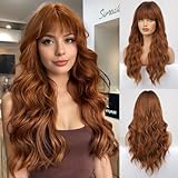 HAIRCUBE Lange Locken/Welle mit Pony Perücken für Frauen Natur Hitzebeständige Kunstfaser Perücken mit Pony Täglich Cosplay(Auburn)