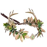 MOSTORY Handgefertigtes Geweih Feenkrone Gold Grün Blatt Kopfschmuck Hirsch Hörner Elf Stirnband Waldelf Kreis für Frauen Mädchen Cosplay Renaissance Abschlussbälle