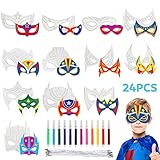 Superhelden Masken Kinder, 24 Stück DIY Blanko Masken Basteln Kindergeburtstag mit Aquarellstifte, Superhero Cosplay Papiermasken für Kinder Geburtstag Ostern Halloween Weihnachten Cosplay Party
