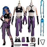 Daotutu Anime Jinx Arcane Season 2 Cosplay Kostüm mit Perücke für Frauen Uniform Erwachsene Hose Handschuhe Ärmel Taillengürtel Komplettset Dress Up Anzug Outfits Halloween Karneval Party