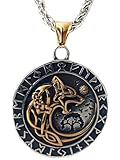 ZFSBRTL Wikinger Odin Wolf Fenrir Anhänger Halskette, Herren Gold&Silber Edelstahl Nordischen Mythologie Amulett Vegvisir Rune Keltischer Schmuck Geschenk 60cm Kette,Gold