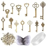 50 Stk Vintage Schlüssel Deko Antiken Anhänger Set, Deko Anhänger Schlüssel, with 50 x Libellen Flügel, 1 x 30 Meter Perlendraht, für Halskette Herstellen Schmuck Basteln Schlüsseln