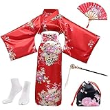 PLULON 5-teiliges japanisches Geisha-Yukata-Kleid-Blüten-Satin-Bademantel mit Kordelzug, Handfächer, Haarnadel, Tabi-Socken-Set für Damen