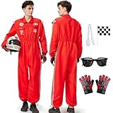 Joellfuner Rennfahrer Kostüm Herren, Rennfahrer Anzug Overall Jumpsuit für Erwachsene, Racer Overall Rennwagenfahrer Kostüm mit Handschuhen, Sonnenbrille für Karneval