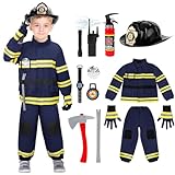 deAO Feuerwehr Kostüm Set für Kinder, Blau Kinder Feuerwehr Rollenspiel Set mit Feuerlöscher Jacke Helm Pfeife, Cosplay für 2 Jahre alte Jungen Mädchen Karneval Halloween Fasching 100cm (Blau-2T)