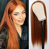 PORSMEER Damen Auburn Lang Glatt Perücken für Frauen Mädchen Orange Gerade Mittelscheitel Perücke Hitzebeständiges Synthetisches Haar Wig für Täglich Party Kostüm 24 Zoll
