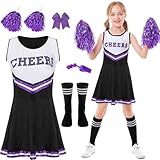 Cheerleader Kostüm Kinder, Mädchen Cheerleader Kostüm, Cheerleading Uniform Kleid mit Pompoms, Socken, pfeift und Kopfschmuck, Damen High School Cheerleader Kostüm für Karneval Halloween Kostüm Party