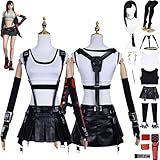 bbganlian Final Fantasy VII Remake Tifa Lockhart Cosplay Kostüm Outfit Spiel Uniform Komplettes Set Halloween Karneval Party Dress Up Anzug mit Perücke Ohrringe für Frauen Mädchen (M)