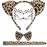 baotongle Leopard Kostüm Set, Leopard Gesicht Kunst Aufkleber, Tier Leopard Stirnband Fliege, Leopard Ohren Stirnband für Kostüm Party Dekoration Zubehör (Leopard Kostüm)