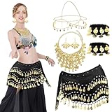 Bauchtanz Accessoires Damen, 7 Stück Bauchtanz Kostüm Set, Bauchtanz Hüfttuch mit Goldmünzen Ohrringe, Halskette, Armbänder und Kopfschmuck, Damen Bauchtanz Gürtel, Karneval Kostüm Accessoires