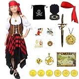 Piratenkostüm Mädchen, Piratenkostüm Kinder mit Kostüm Hut Kompass Geldbeutel Ohrring, Pirat Kostüm für Karneval, Halloween und Piraten Party Kinder Mädchen(L)