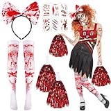 DPKOW Halloween Zombie Cheerleader Kostümzubehör für Kinder Mädchen Frau, Rotes Dead Cheerleader Pompoms Strümpfe Haarband mit Blutnarbe Temporäre Tattoos für Halloween Karneval Cosplay Zubehör