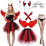 Aragallant Teufel Kostüm Damen, 7 Stück Engel und Teufel Kostüm, Engel Kostüm mit 80CM Engel Flügel Heiligenschein Zauberstab und Strumpf, Verkleidung Damen für Karneval Halloween Cosplay