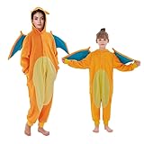 Udekit Karikatur Roter Drache mit Stehendem Flammen Schwanz Schlafoverall, Roter Dinosaurier Strampler Pyjamas Nachtwäsche Cosplay Kostüm Halloween Karnevalsparty für Kinder von 6 bis 8 Jahren