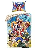 Halantex Bettwäsche-Set One Piece Monkey D. Luffy und verschiedene Charaktere – Bettbezug 140 x 200 cm mit Kissenbezug 70 x 90 cm – 100 % Polyester, mehrfarbig
