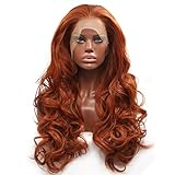 BESTUNG Mode Glueless Kupfer Rot 24'Lange Natürliche Wellenförmige Freie Teil Lace Front Perücken Hitzebeständige Kunsthaarperücke für Frauen(EINWEG) (kupferrot)