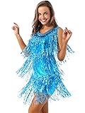 YiZYiF Damen Pailletten Tanzkleid Quasten Rumba Tango Latein Kleid Glitzer Party Cocktail Abendkleid Ballroon Performance Dancewear Himmelblau XXL