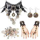 Charfia Steampunk Damen Accessoires, Zahnräder Steampunk Kostüm Damen, Gothic Kostüm Damen Gothic Accessoires Schmuck mit Armbänder Ohrringe Halsketten Anhänger Halloween Karneval Kostüm Accessoires