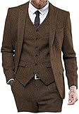 Solovedress Anzüge für Herren 3 Teilig Klassischer Smoking Tweed-Wolle für Hochzeit (Blazer +Weste+ Hose)(Braun,L)