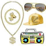 Hpbaggy Hip Hop Kostüm,6 Stück Zuhälter Kostüm mit Golden Baseball Cap/Dollar Kette/Dollar Ring/Goldene Armband/Goldene Brille/Aufblasbare Boom Box,80/90er Rapper Accessoires für Fasching Karneval