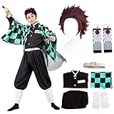JYakeji 8 Stück Tanjirou Cosplay Kostüm mit Earrings, Demon Slayer Tanjirou Cosplay Kimono Halloween Jacke Kostüm Anime Mantel Outfit für Erwachsene und Kinder (S)