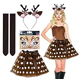 PWCTNT Rentier Haarreif, Rentier Kostüm, 5 Stück Faschingskostüme Damen Geweih Haarreif Tüllrock Gesichtsaufkleber Schwarze Overknee Socken Schleifenband, für Fasching Karneva Mottoparty