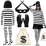 Bankräuber Kostüm Damen, Räuber Kostüm Damen, Dieb Kostüm mit Maske und Geldsack, Frauen Gefangenen Kostüm Set, Kostüm Sträfling Damen für Faschings Halloween Karneval Kostüm Cosplay Erwachsene(M)