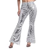 Damen Glitzer Pailletten Schlaghose High Waist Weites Bein Hose Legins Cargohose Hippie 70er 80er 90er Jahre Kost?m Mottoparty Disco Rave Tanz Outfit Clubwear Karneval Fasching Halloween Silber L