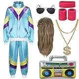 FOVER 80er Jahre Outfit Herren Damen Kostüm Taste Trainingsanzug Pop Art Retro Stil Bad Outfit Kostüm Accessoires set mit Aufblasbares Sonnenbrille Halskette Schweißband für Mottoparty Fasching 09L